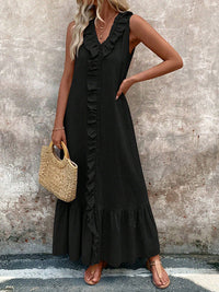 Ruffle Trim V-Neck A-Line Maxi Dress