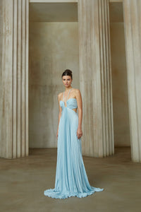 Andréa Blue Pleated Maxi Dress with Cutout Detail