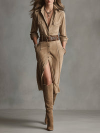 Zoe | Brown Fashion Suede Midi Dress