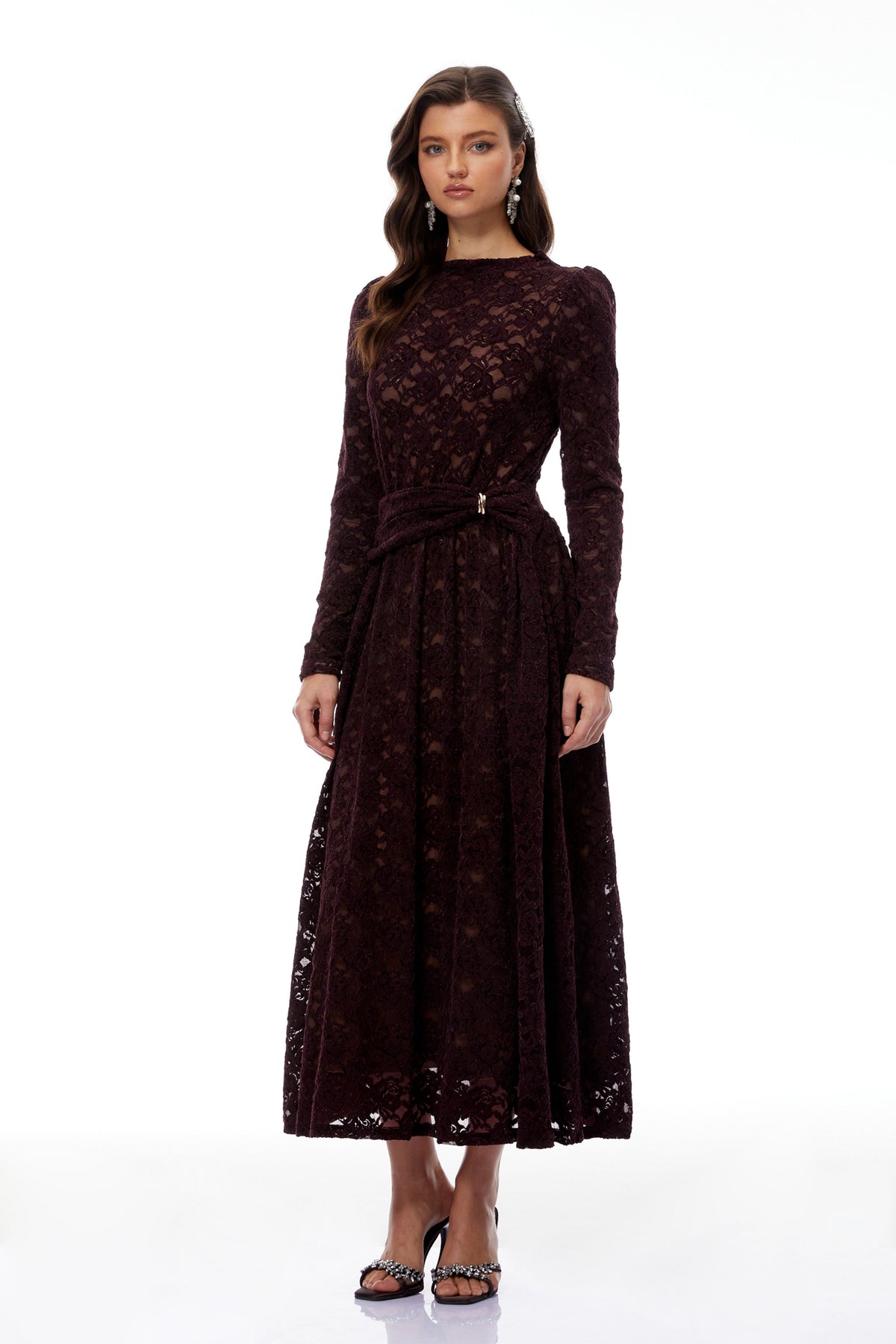 Ricardo Burgundy Chenille Lace Midi Dress