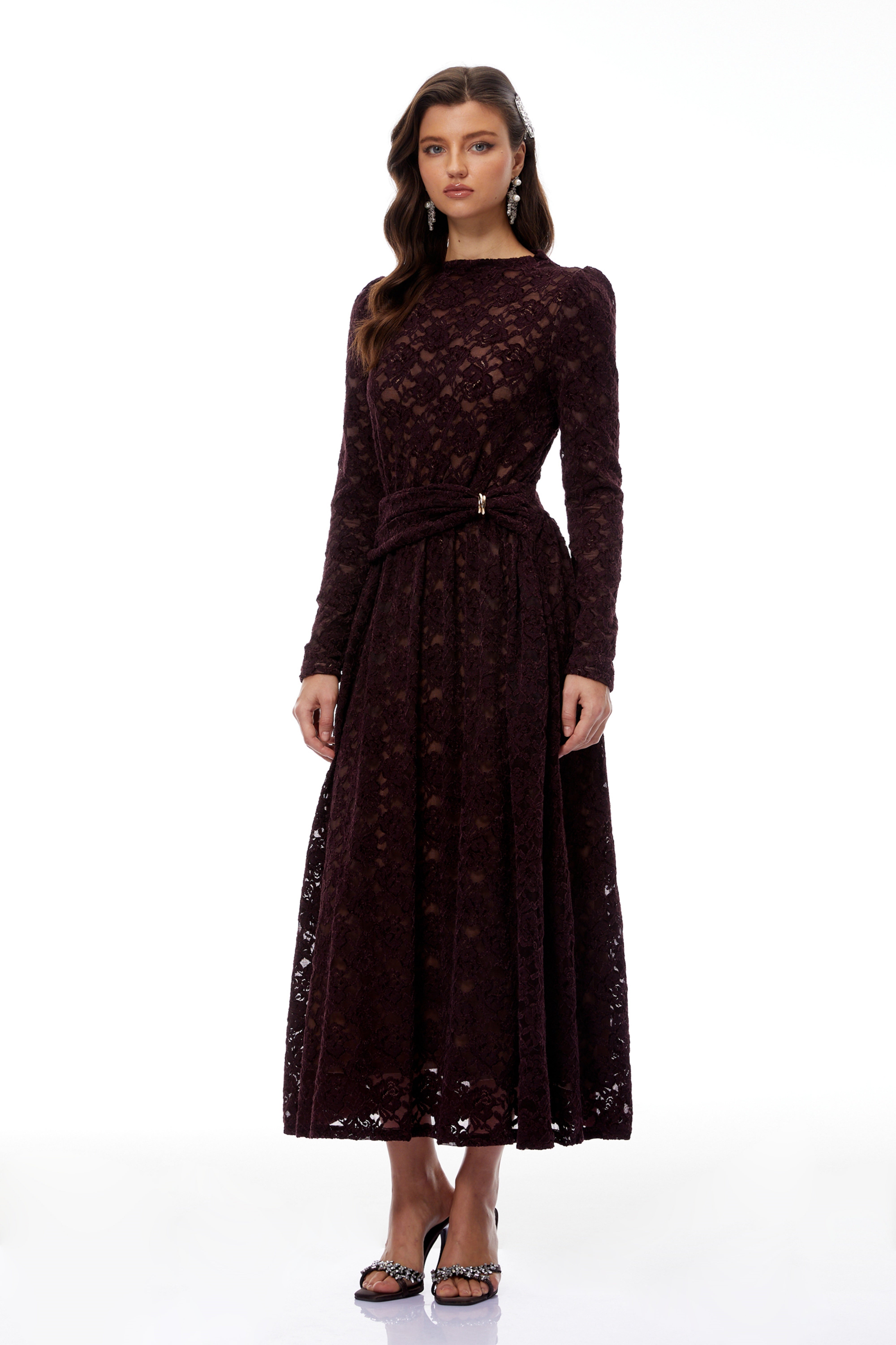 Ricardo Burgundy Chenille Lace Midi Dress