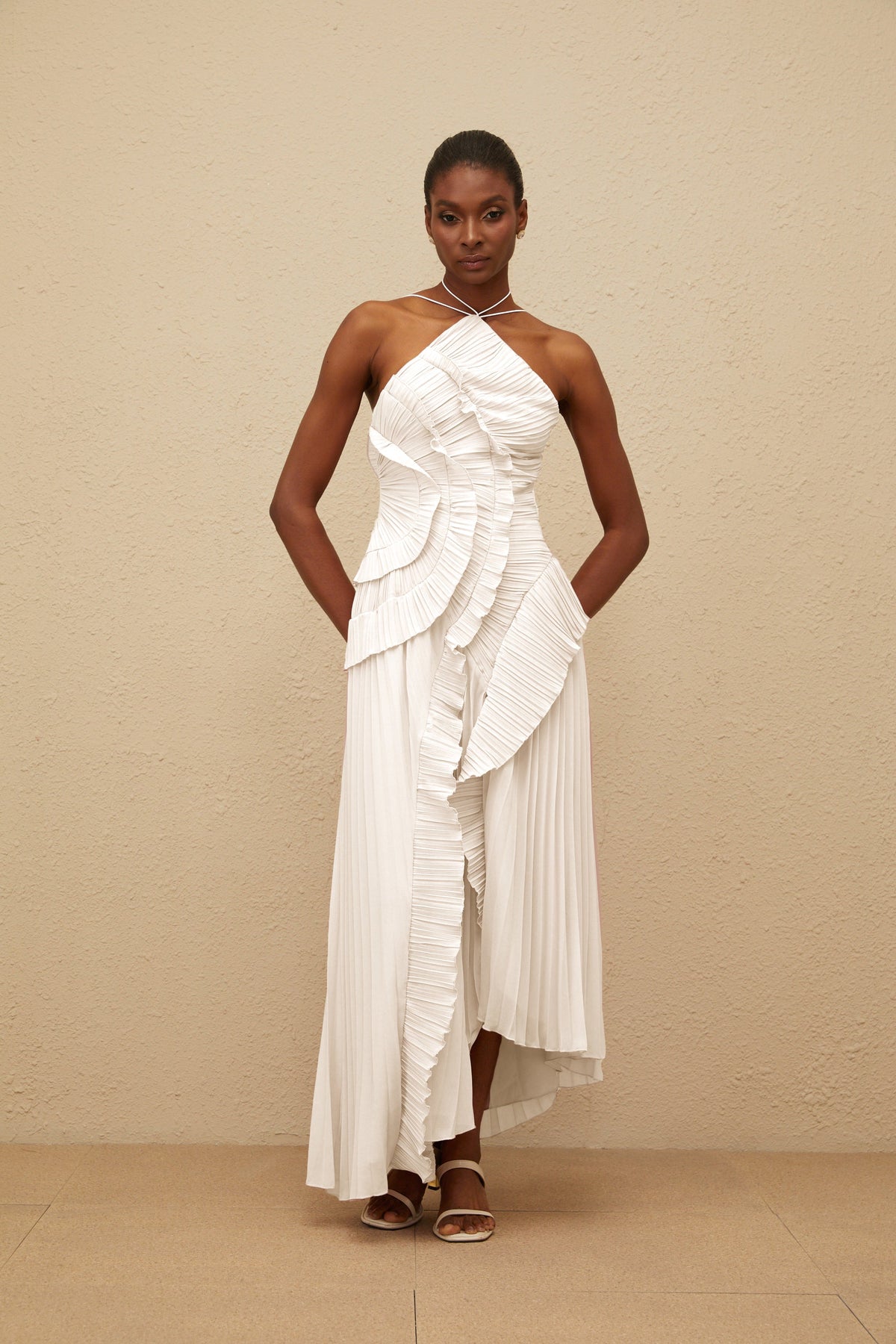 Doux White Ruffled Trim Pleated Midi Dress