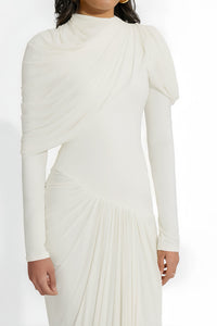 Bronwyn White Draped Pleated Asymmetrical Maxi Dress