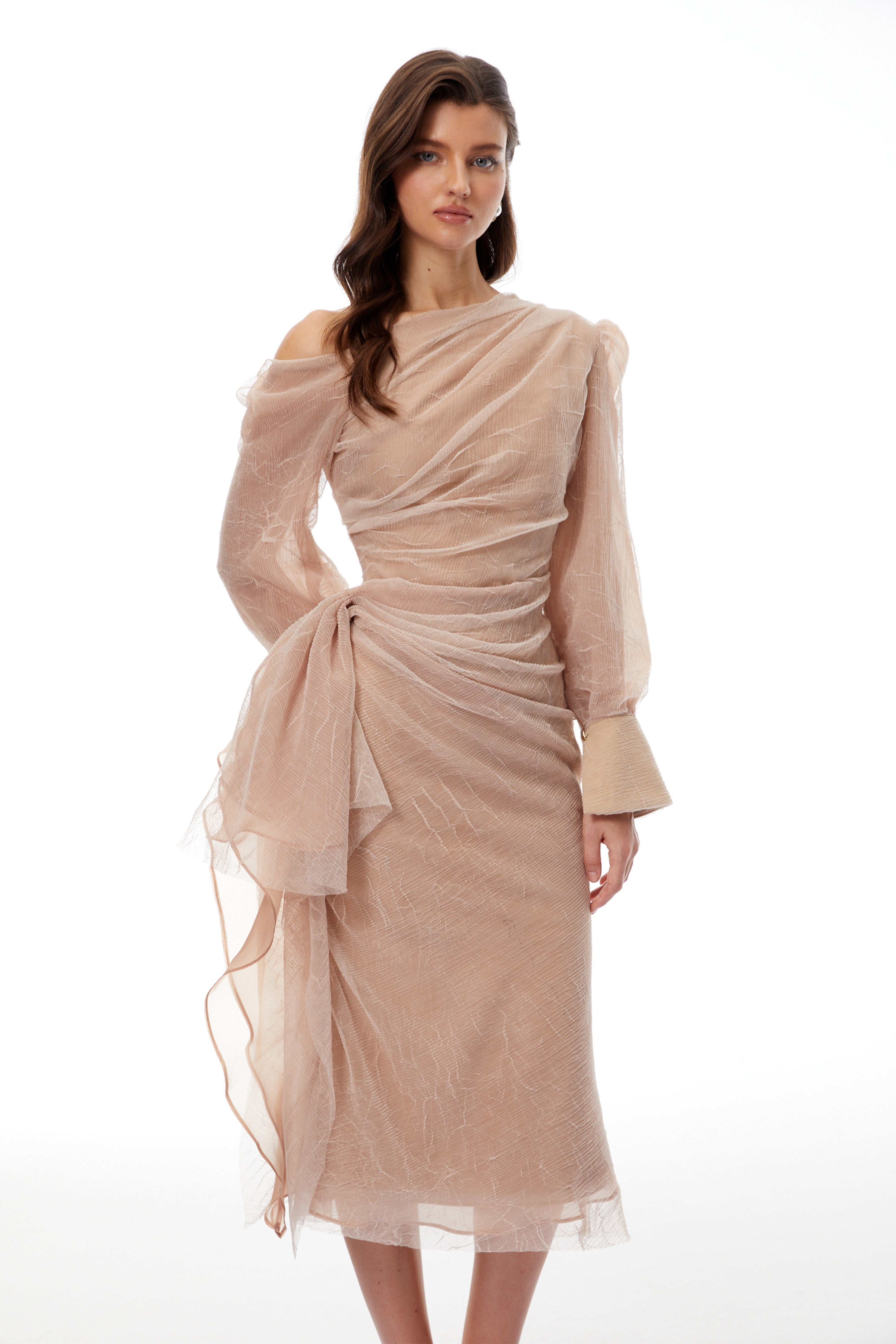 Pietro Khaki Asymmetrical Gathered Midi Dress