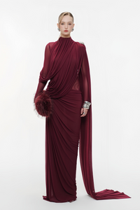 Newton Red Asymmetrical Ribbon Ruched Maxi Dress
