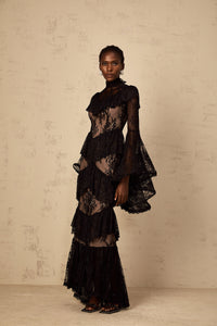 Roxane black floral-lace ruffled maxi dress