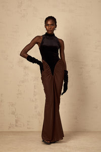 Mathilde brown velvet-panel ruched maxi dress