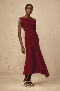 Laurine asymmetrical draped midi dress in Burgundy