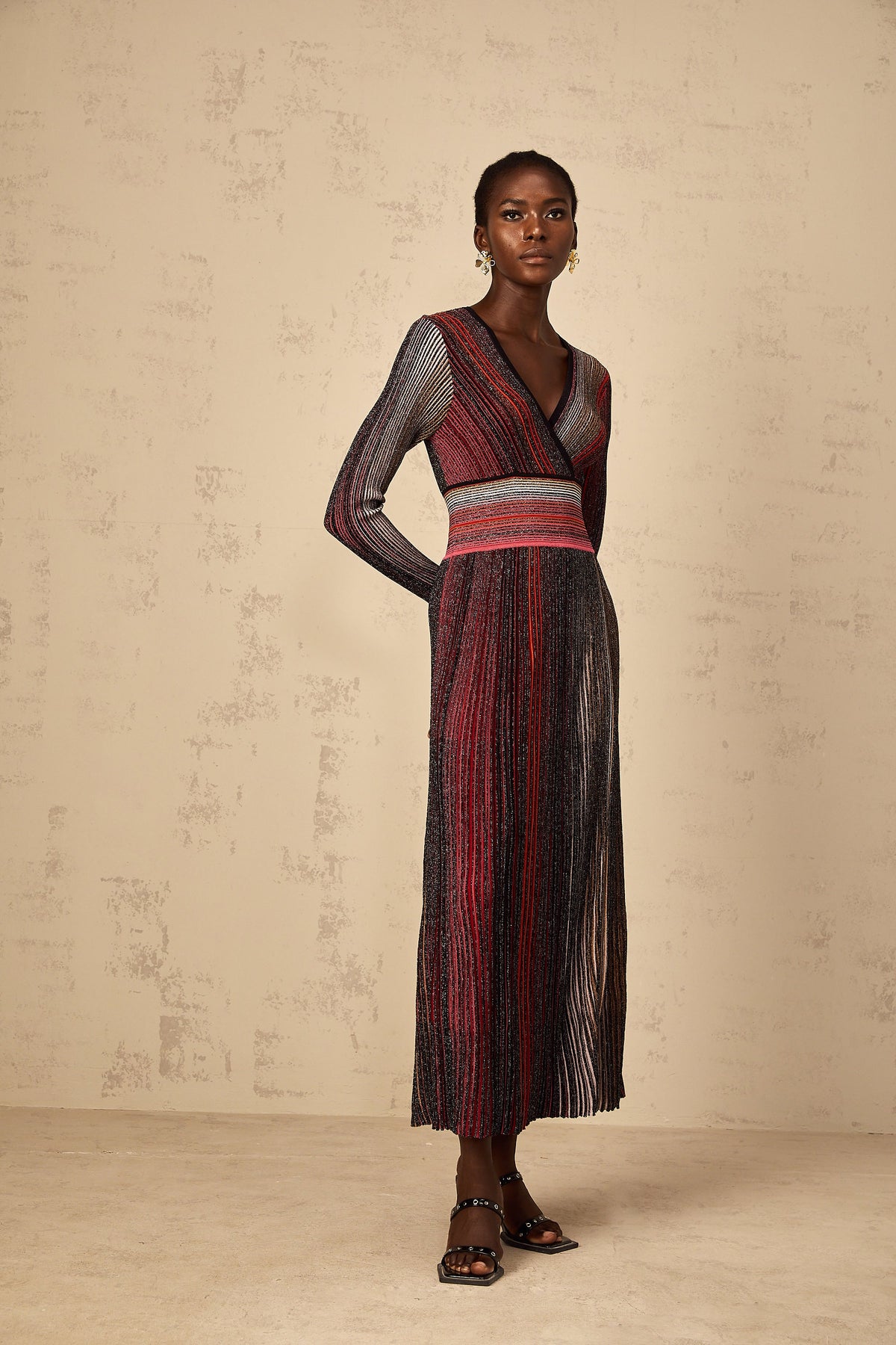 Amaryllis Red Long Sleeve Sequin Striped Knit Maxi Dress