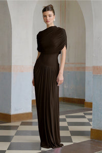 Catherine asymmetrical pleated maxi dress in Brown