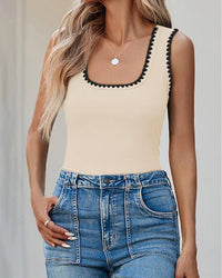 Casual Slim Fitted Color Block Ribbed Square Neck Tank Tops