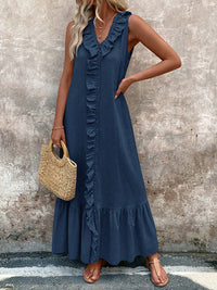 Ruffle Trim V-Neck A-Line Maxi Dress