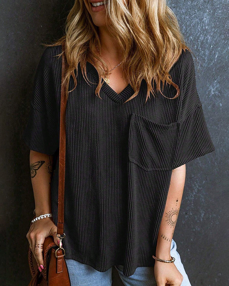 Textured V-Neck Dropped Shoulder Relaxed Tee