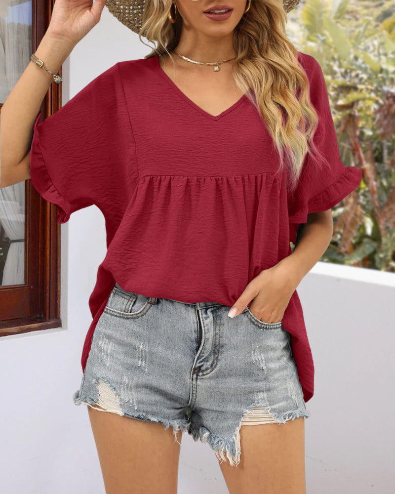 Casual V Neck Ruffle Sleeve Babydoll Peplum Tops