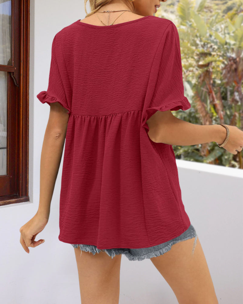 Casual V Neck Ruffle Sleeve Babydoll Peplum Tops