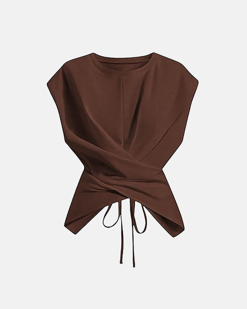 Women's Cinched Waist Wrap Top with Asymmetrical Criss Cross Back Tie Design