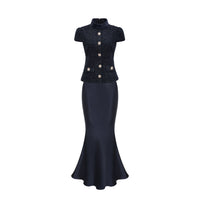 Josette blue peplum-waist panelled maxi dress