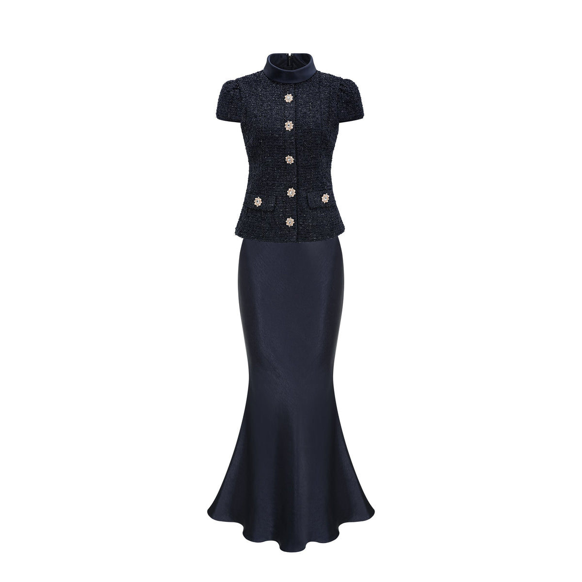 Josette blue peplum-waist panelled maxi dress