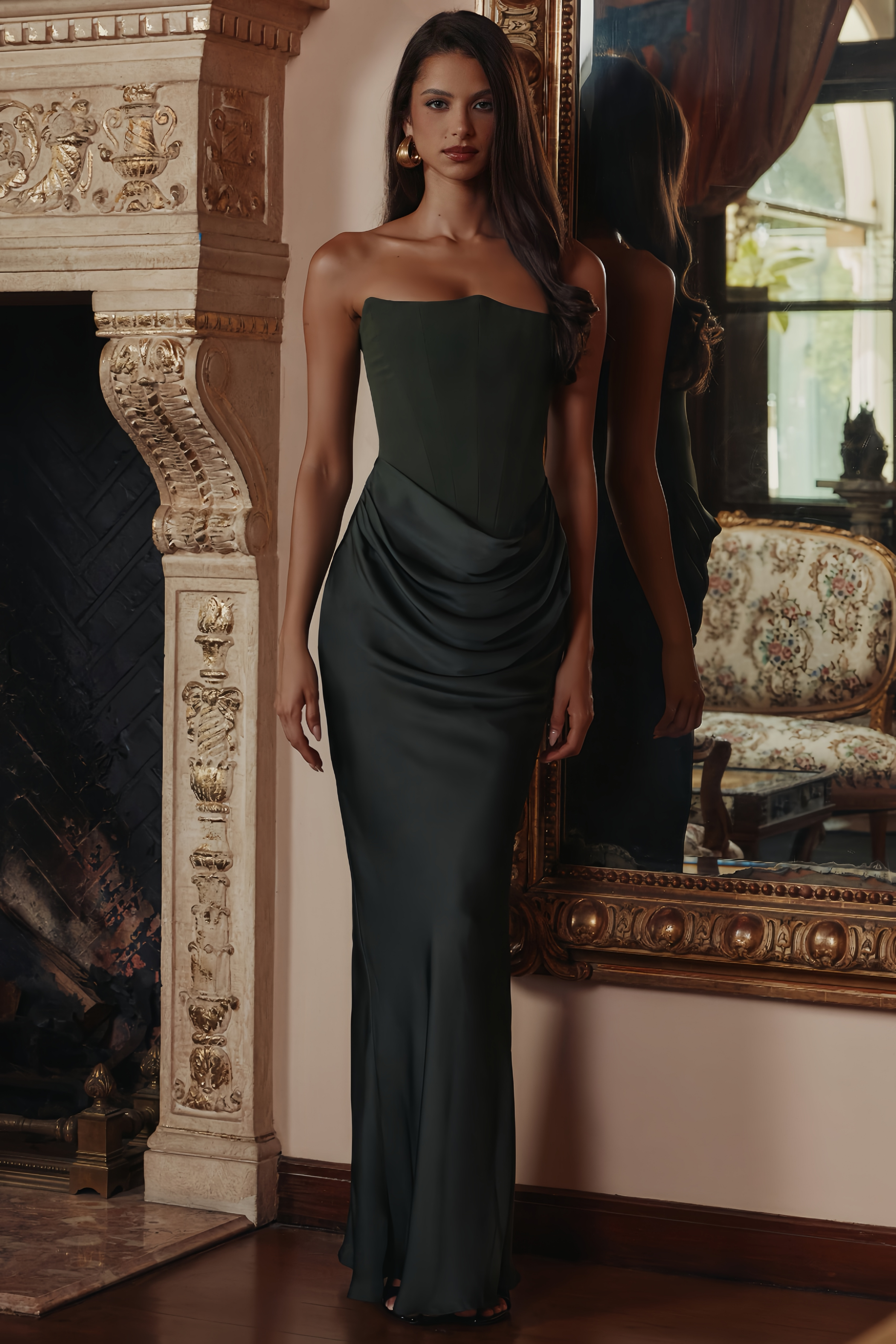 Aurore Olive Off-Shoulder Maxi Dress