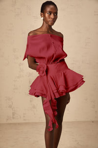 Amélie Red Floral Appliqué Flounced Mini Dress