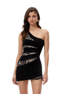 Delphine Black Asymmetrical Cut-out Lace Mini Dress