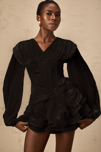 Rosier Black Fully Pleated Cinched Mini Dress