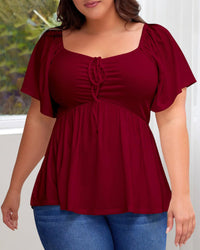 Plus Size Sweetheart Neck Short Sleeve Shirred Peplum Tops