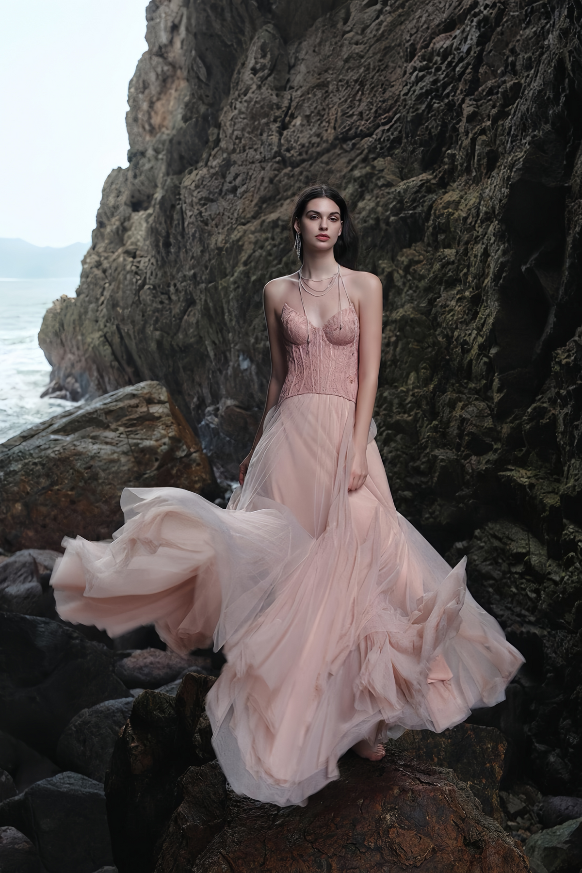 Ulrique Pink Lace Corset Tulle Maxi Dress