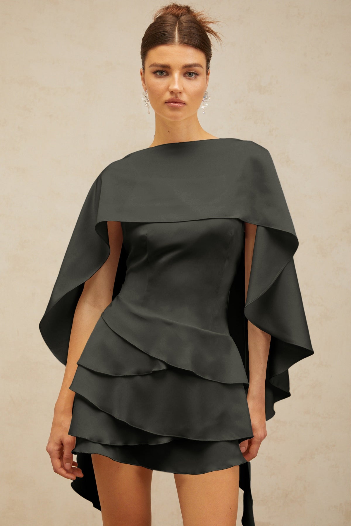 Lyna Black Satin Ruffled Mini Dress with Shawl Panel Detail
