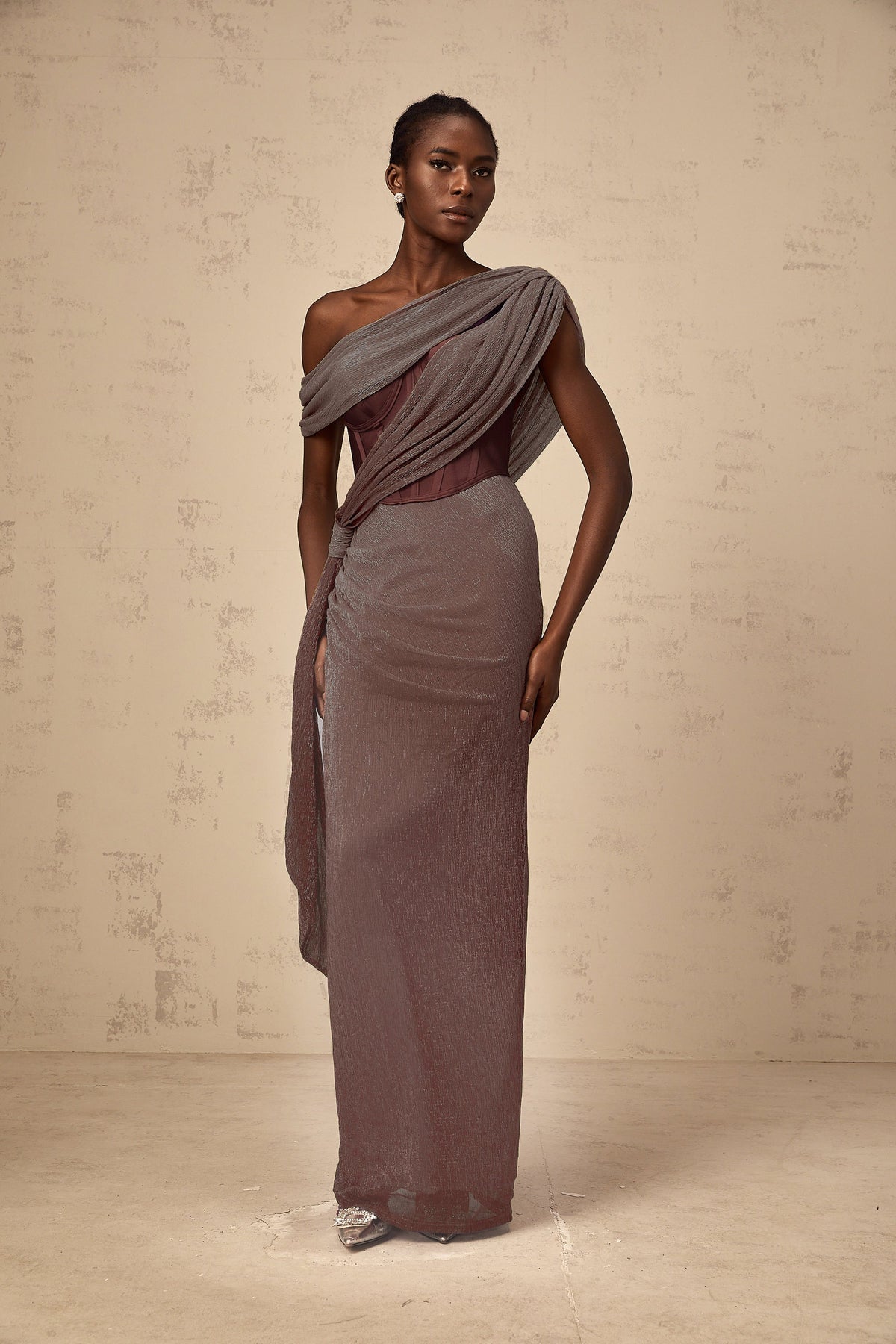 Delphine ribbon-design corset maxi dress in Brown