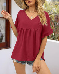 Casual V Neck Ruffle Sleeve Babydoll Peplum Tops