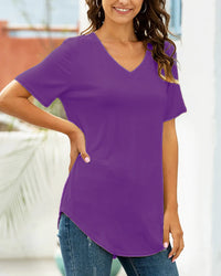 Casual V-Neck Plain Tee with Curved Hem