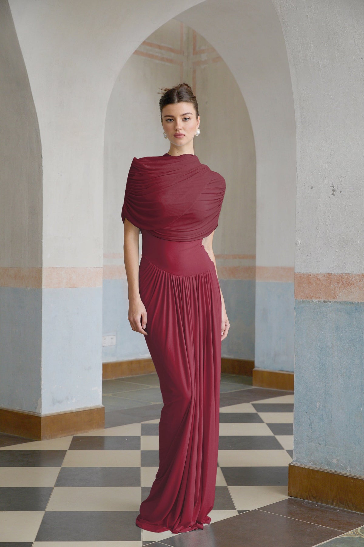 Catherine asymmetrical pleated maxi dress in Red