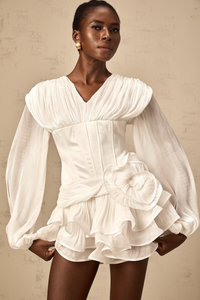 Rosier fully-pleated cinched mini dress in White