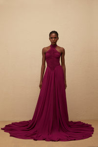 Kerstin Purple Train Design Ruched Maxi Dress
