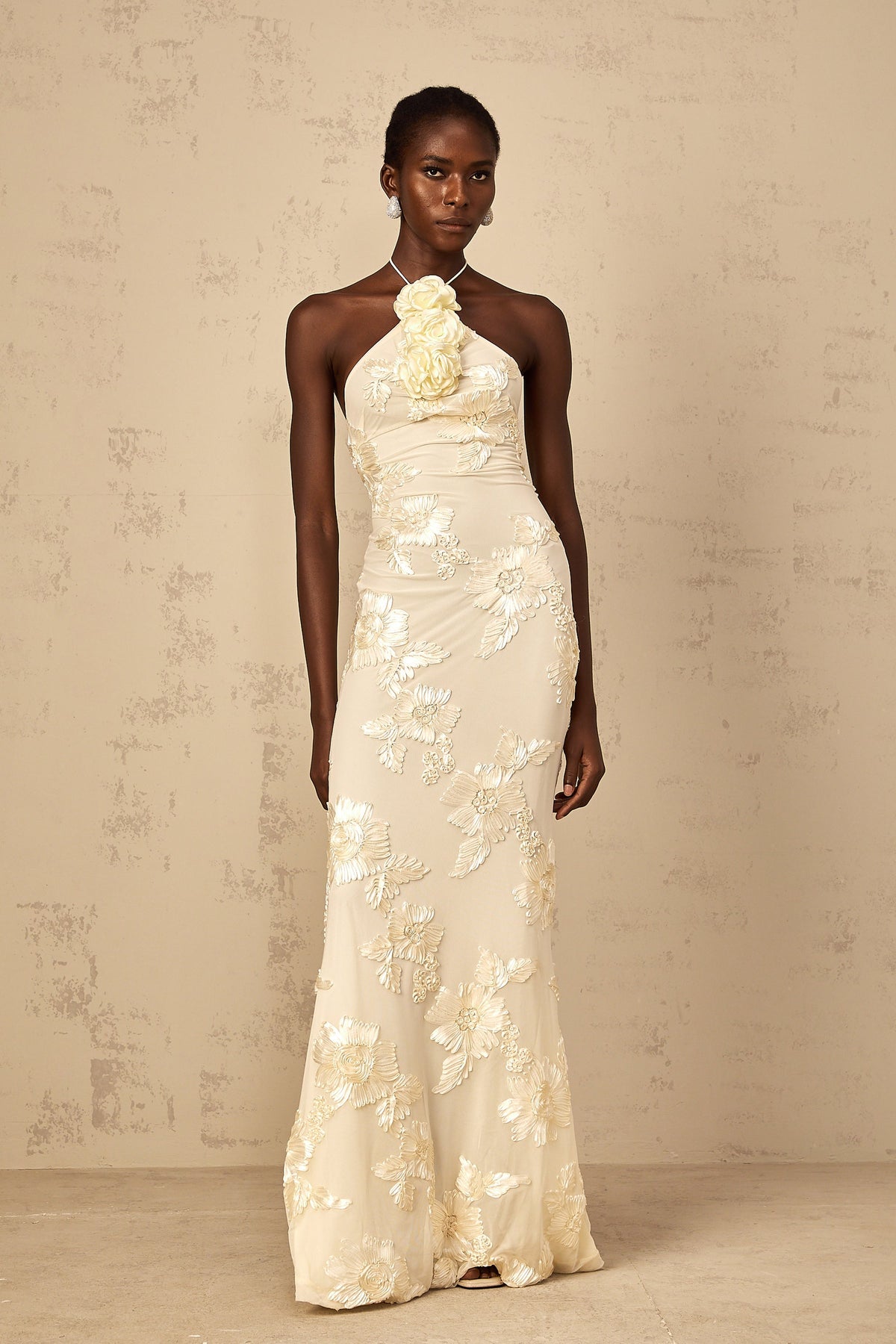 Melanie Neutrals Embroidered Halterneck Maxi Dress