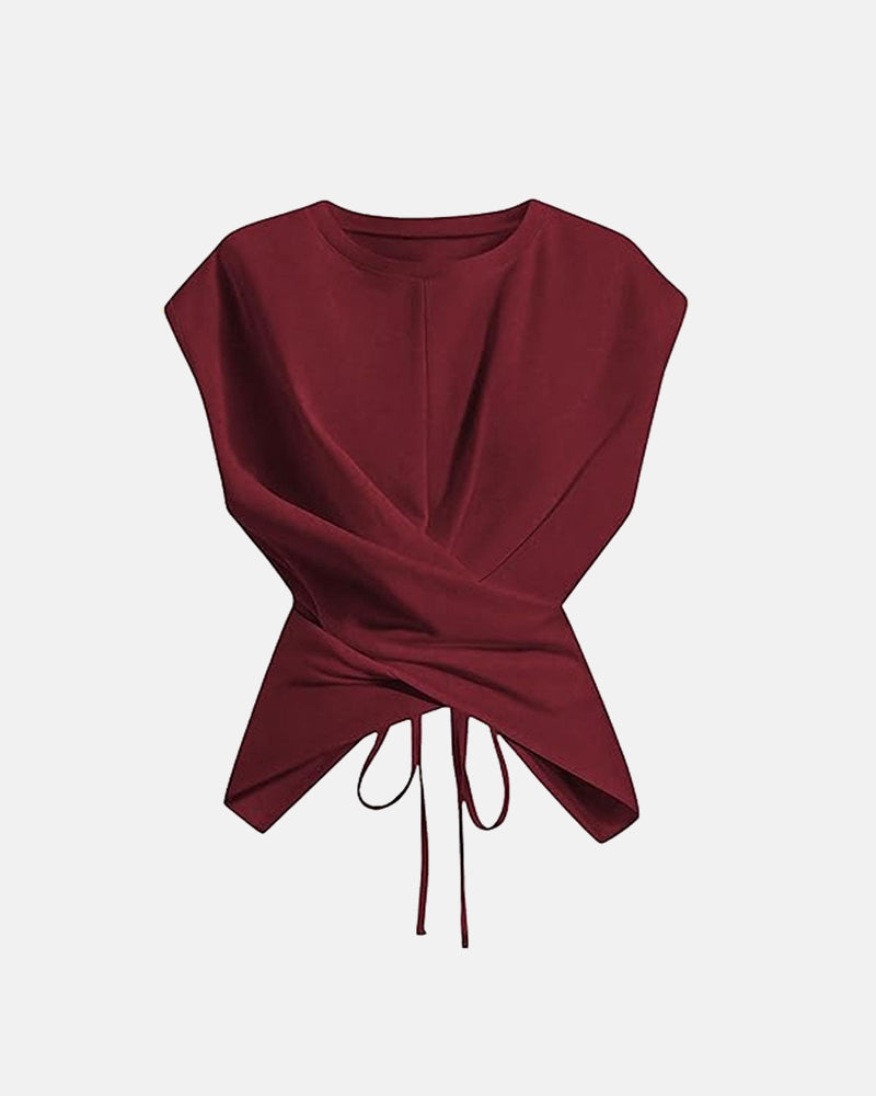 Women's Cinched Waist Wrap Top with Asymmetrical Criss Cross Back Tie Design