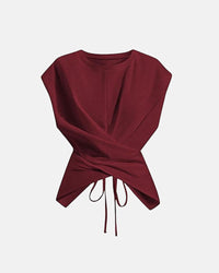Women's Cinched Waist Wrap Top with Asymmetrical Criss Cross Back Tie Design
