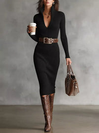 Isabella |  Elegant Ribbed Knit Turtleneck Midi Sweater Dress