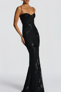 Théoline Black Floral Appliqué Corset Maxi Dress