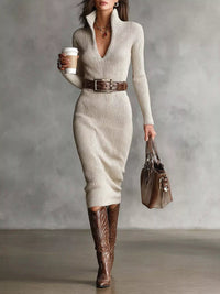 Isabella |  Elegant Ribbed Knit Turtleneck Midi Sweater Dress
