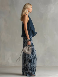 Ludovica – Elegant chiffon set with high-neck top and wide-leg printed trousers