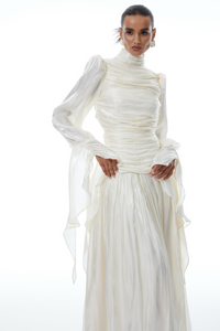Sarolta Neutral Glossy Ruched Maxi Dress