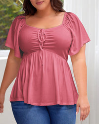 Plus Size Sweetheart Neck Short Sleeve Shirred Peplum Tops