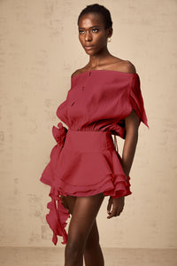 Amélie Red Floral Appliqué Flounced Mini Dress