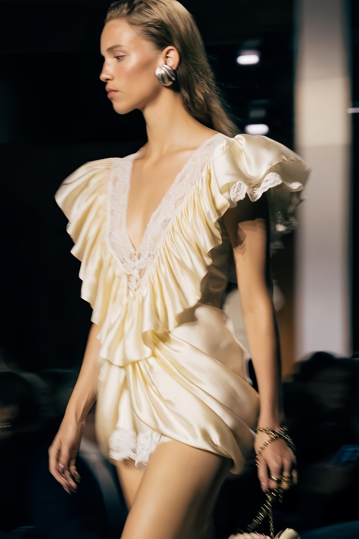 Nani Cream Plunge Neck Satin Jumpsuit with Lace Panels