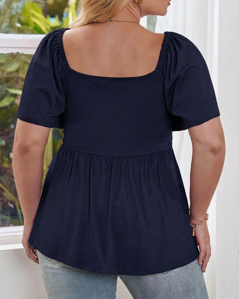 Plus Size Sweetheart Neck Short Sleeve Shirred Peplum Tops