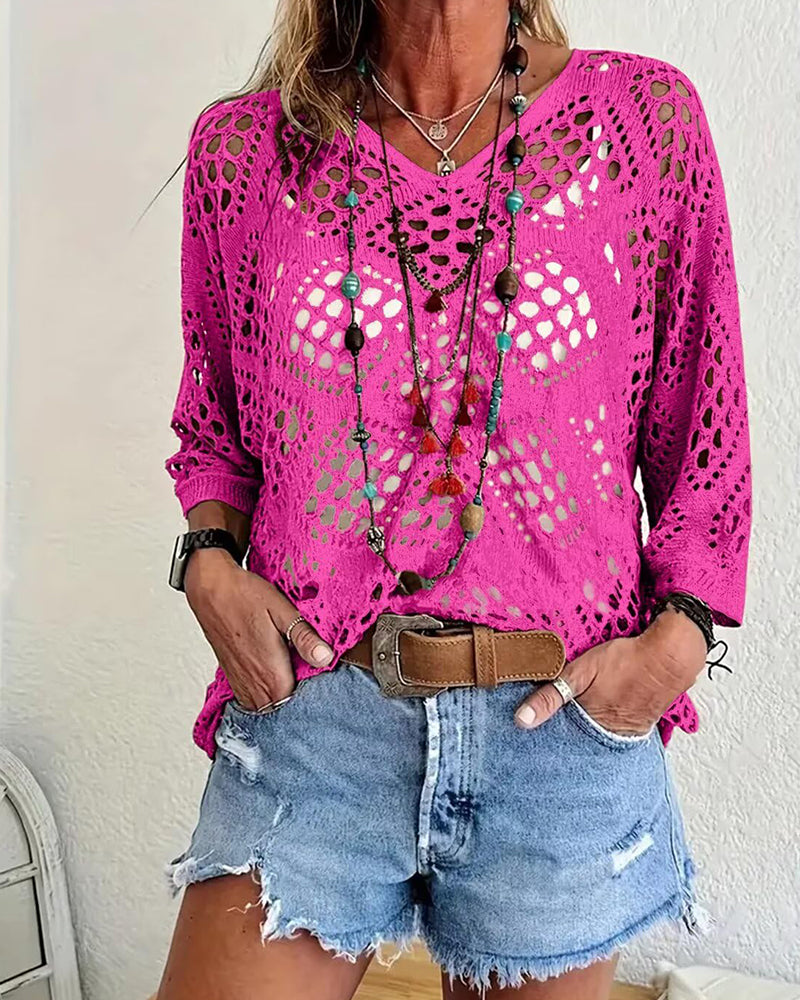 Women's Bohemian-Inspired Beige Crochet Top with V-Neck
