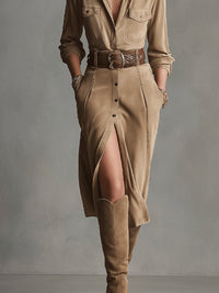 Zoe | Brown Fashion Suede Midi Dress