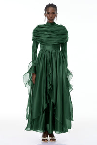 Gustave Green Ruched Cape Ruffled Maxi Dress